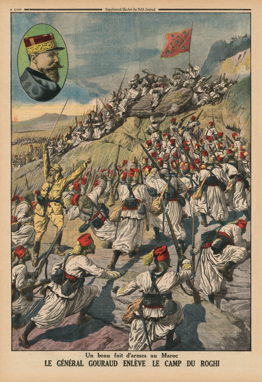 Hieno ase Marokossa, kenraali Gouraud vangitsemassa Roghin leirin, takakannen kuva Le Petit Journalista, liitekuva, 26. toukokuuta 1914 tekijältä French School