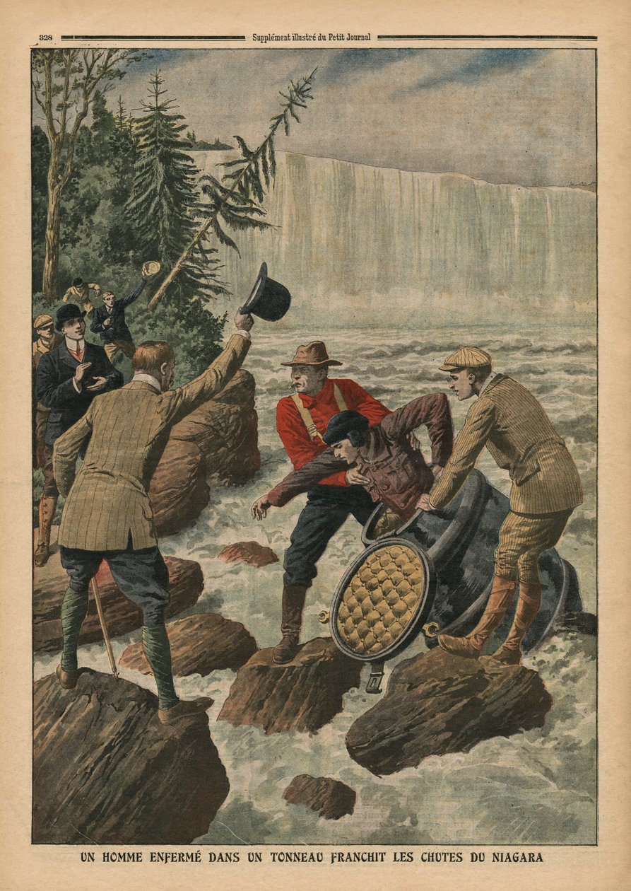 Mies tynnyrissä ylittämässä Niagaran putouksia, kuvitus "Le Petit Journalista", liitekuva, 9. lokakuuta 1910 tekijältä French School