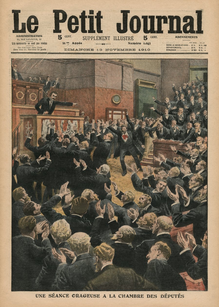 Myrskyinen istunto edustajainhuoneessa, kuvitus "Le Petit Journalista", liitekuva, 13. marraskuuta 1910 tekijältä French School