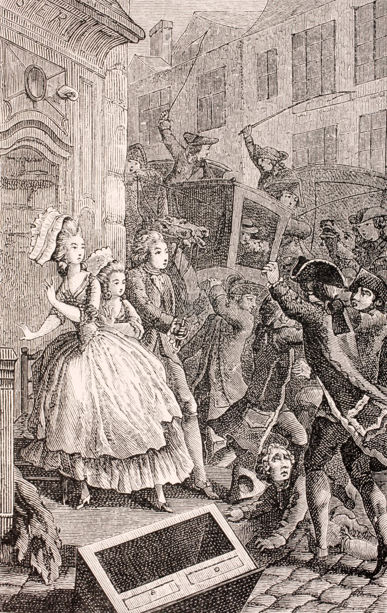 Katutappelu Pariisissa 1700-luvulla, teoksesta "XVIII Siecle Institutions, Usages et Costumes", julkaistu 1875. tekijältä French School