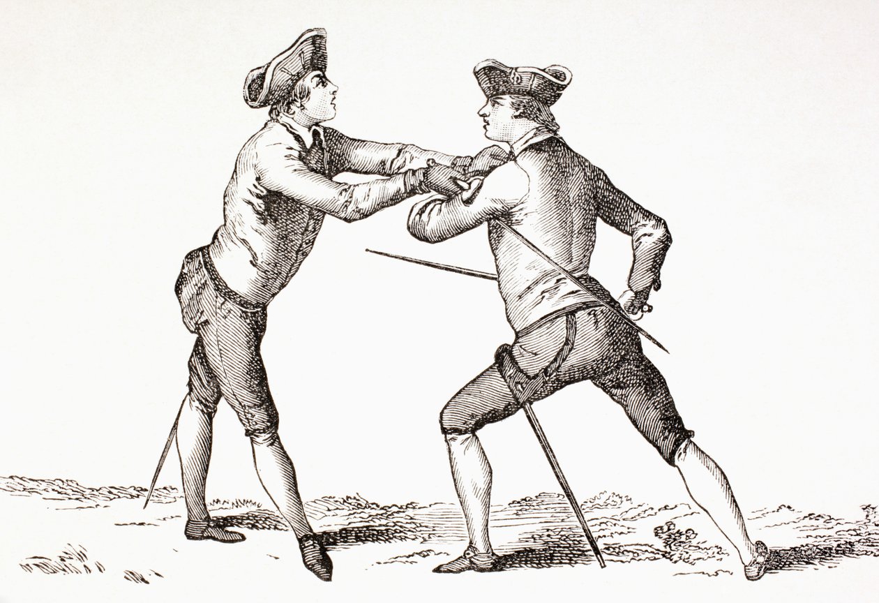 Miekkamies, joka aikoo riisua vastustajansa aseista ja valmiina lyömään, julkaisusta "XVIII Siecle Institutions, Usages et Costumes", julkaistu 1875 tekijältä French School