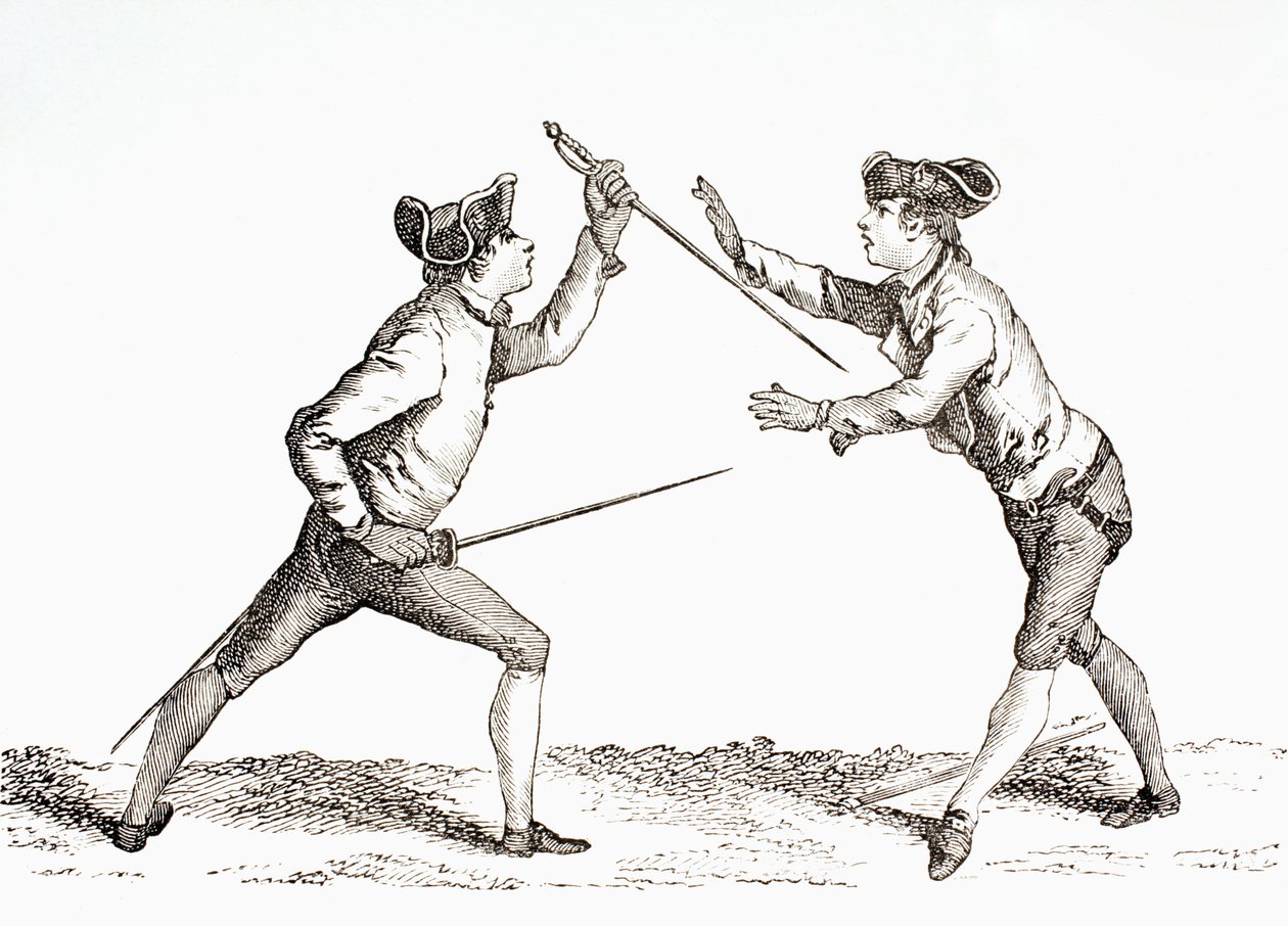 Miekkamies riisuu vastustajansa aseista ja pystyy lyömään, julkaisusta "XVIII Siecle Institutions, Usages et Costumes", julkaistu 1875 tekijältä French School