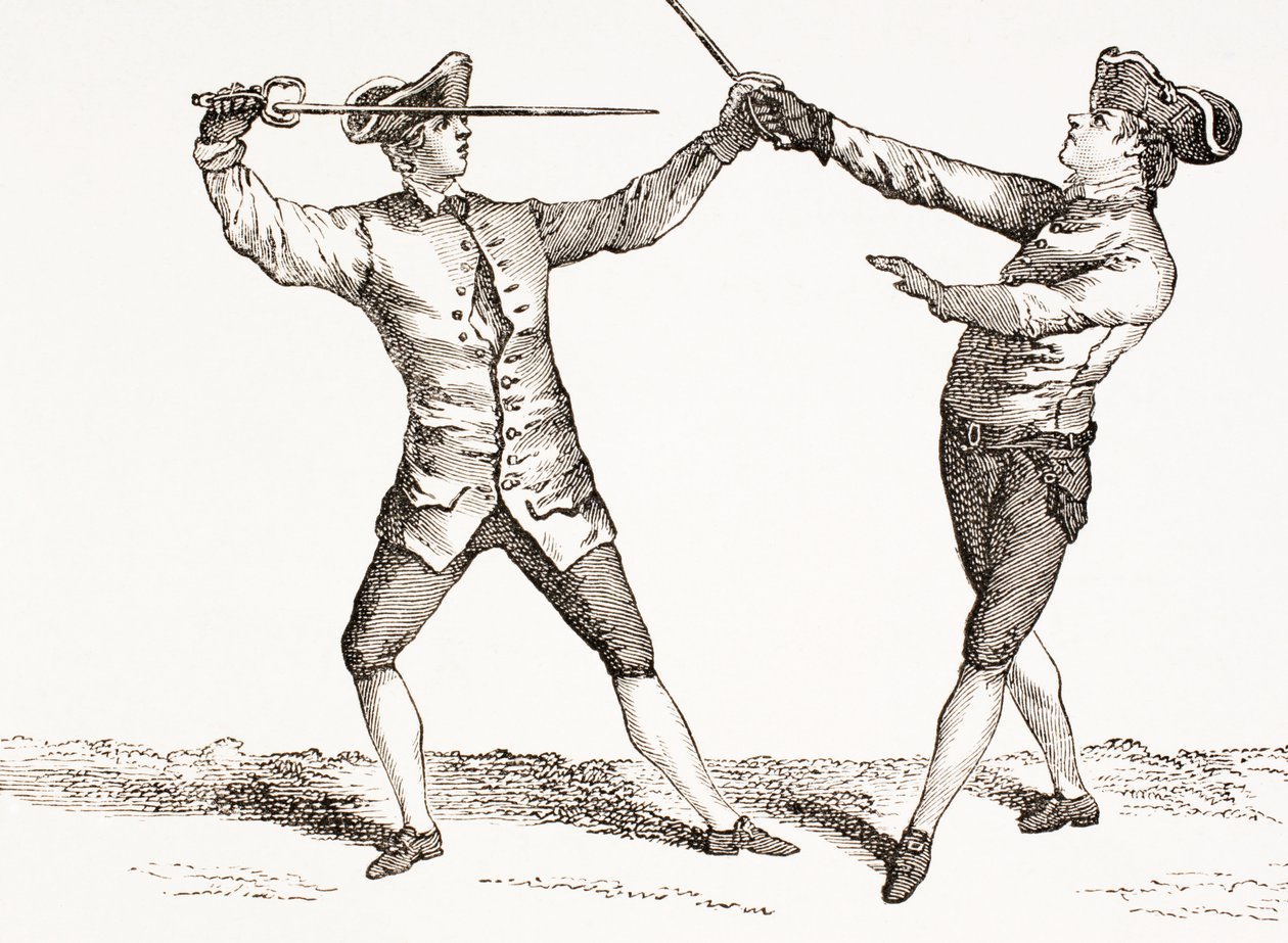 Miekkamies, joka pystyy lyömään tarttuttuaan vastustajansa miekkaan tai miekkakäteen, julkaisusta "XVIII Siecle Institutions, Usages et Costumes", julkaistu 1875 tekijältä French School