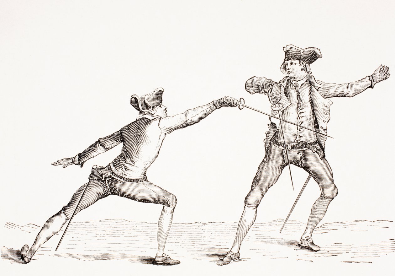 Miekkamies torjuu vastustajansa työntövoiman julkaisusta "XVIII Siecle Institutions, Usages et Costumes", julkaistu 1875 tekijältä French School