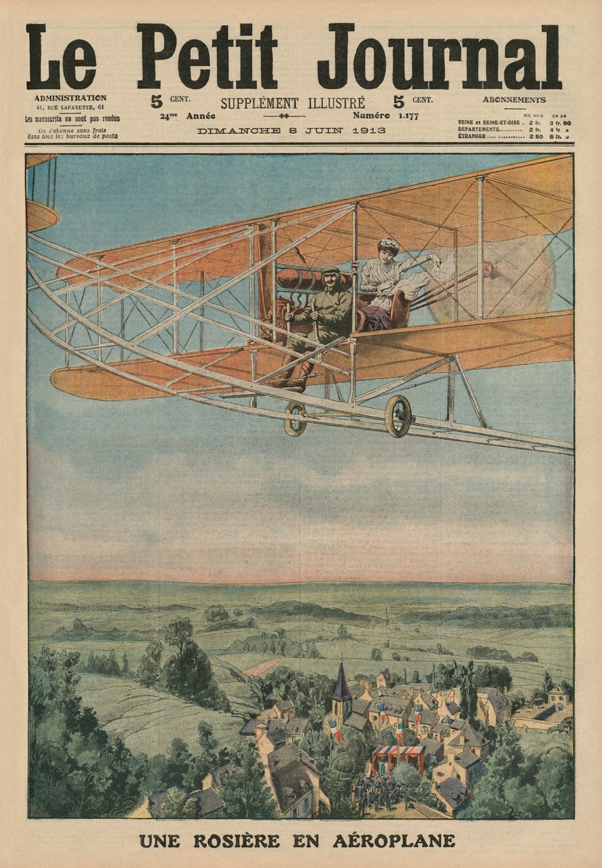 Hyveellinen neito lentokoneessa, etukannen kuvitus Le Petit Journalista, liitekuva, 8. kesäkuuta 1913 tekijältä French School