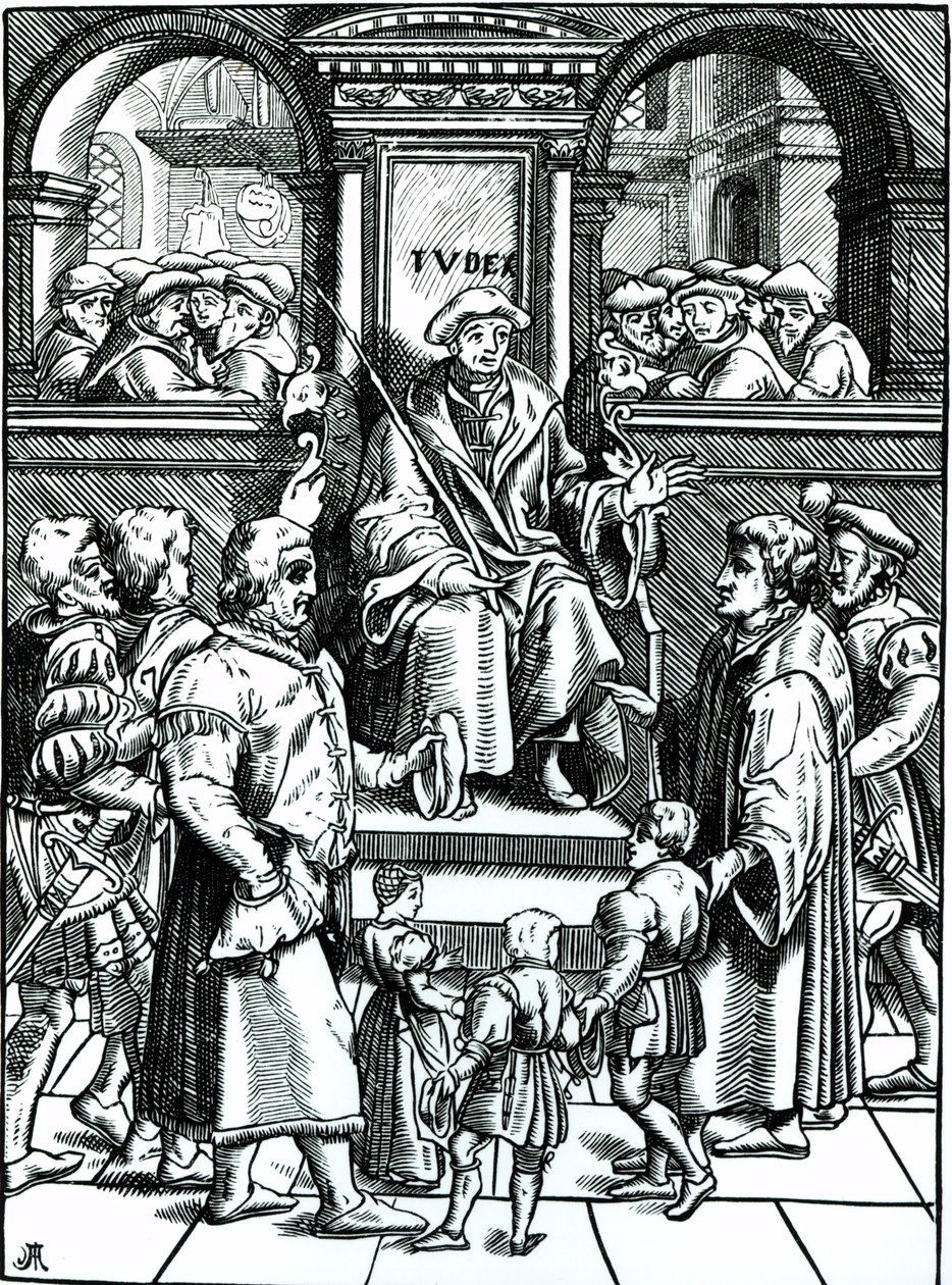 Orpolasten adoptio Great Bailiwickin alemmassa tuomioistuimessa Joos de Damhouderin (1507-81) Antwerpenissä vuonna 1557 julkaistun teoksessa "Refuge et Garand des Pupilles, Orphelins" tehdyn puupiirroksen jälkeen. tekijältä French School