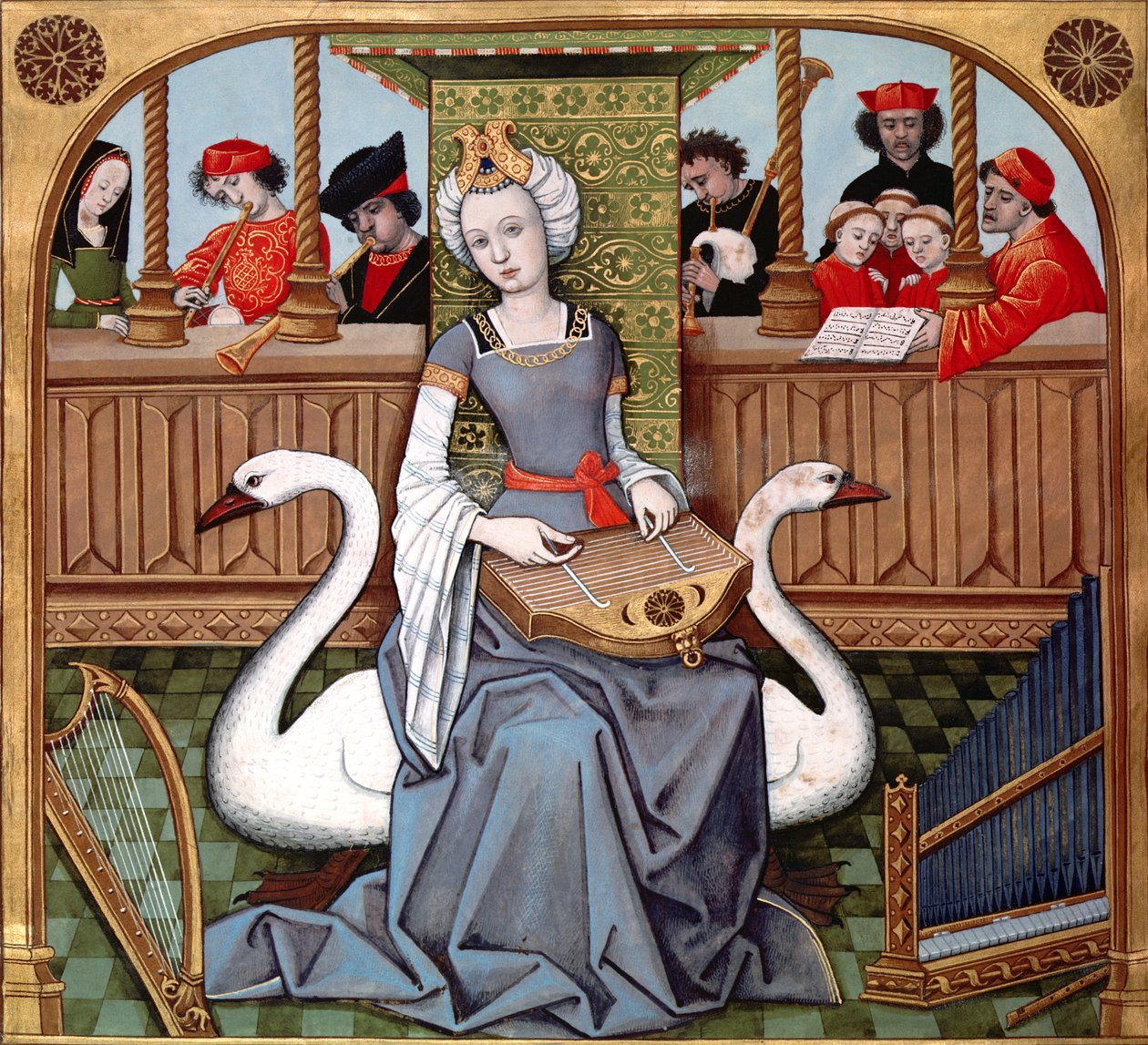 Musiikin allegooria, ms Francais 143 fol.65v Evrart de Contyn teoksesta Le Livre des Echecs Amoureux Moralisés n. 1500 tekijältä French School