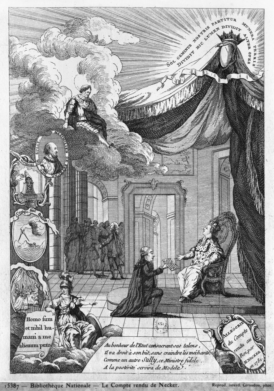 Jacques Neckerin (1732-1804) Ludvig XVI:lle (1754-1804) vuonna 1781 antaman raportin allegoria tekijältä French School