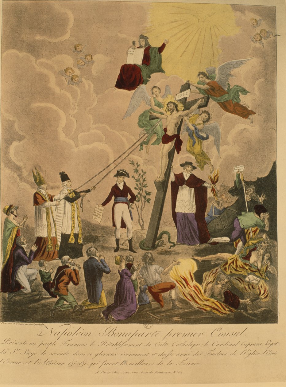 Allegoria katolisen uskonnon palauttamisesta Ranskaan vuonna 1802 Napoleon Bonaparten ollessa ensimmäinen konsuli, 1802. tekijältä French School