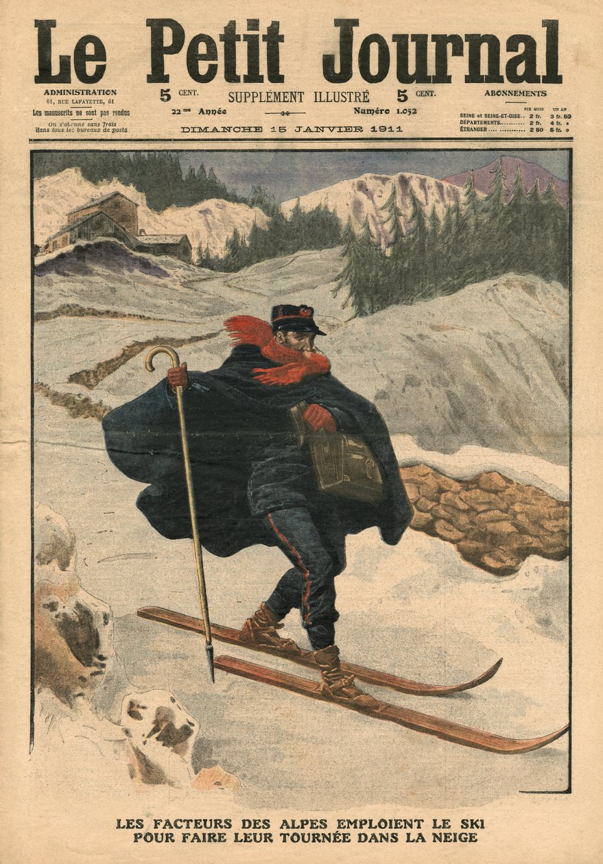 Alppipostimiehet suksilla kierroksilla lumessa, kuva Le Petit Journalista, liitekuva, 15. tammikuuta 1911 tekijältä French School