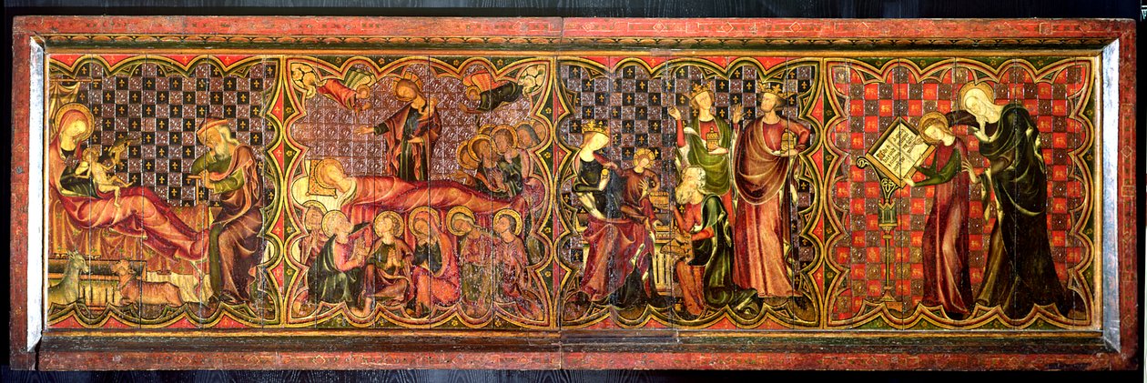 Neitsyen elämää kuvaava alttarin etuosa, n. 1300 (tempera paneelissa) tekijältä French School