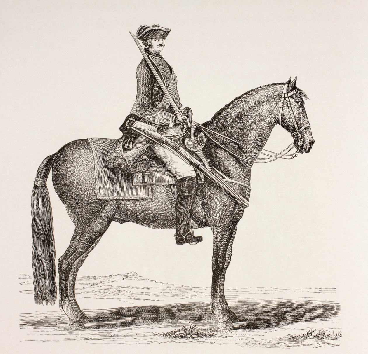 1700-luvun ranskalainen ratsuväen sotilas aseineen, julkaisusta "XVIII Siecle Institutions, Usages et Costumes", julkaistu 1875 tekijältä French School