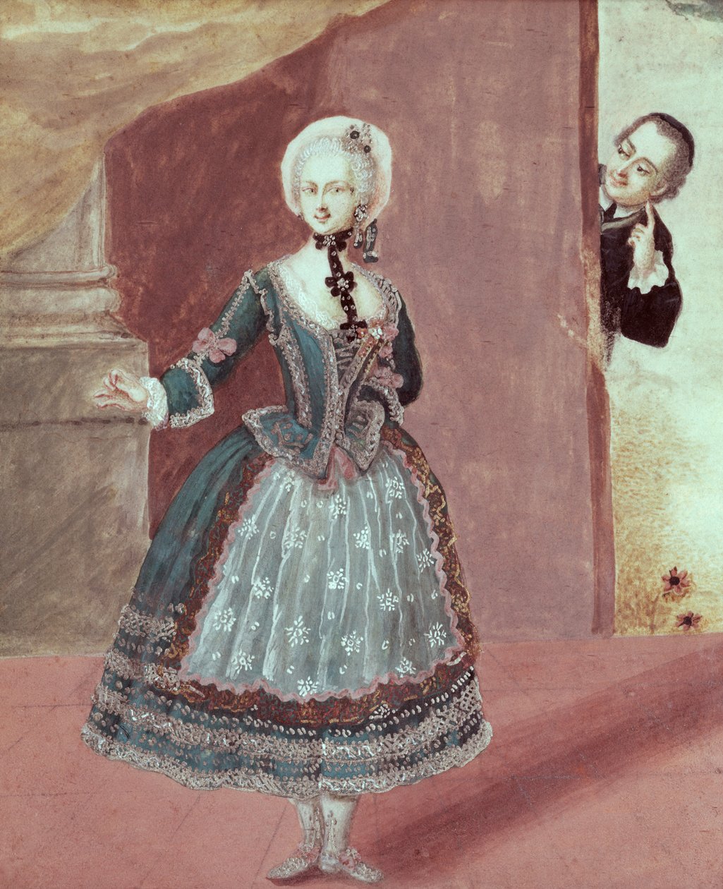 Näyttelijä Rosinen roolissa Pierre-Augustin Caron de Beaumarchaisin elokuvassa "Sevillan parturi" (1732-99) tekijältä French School