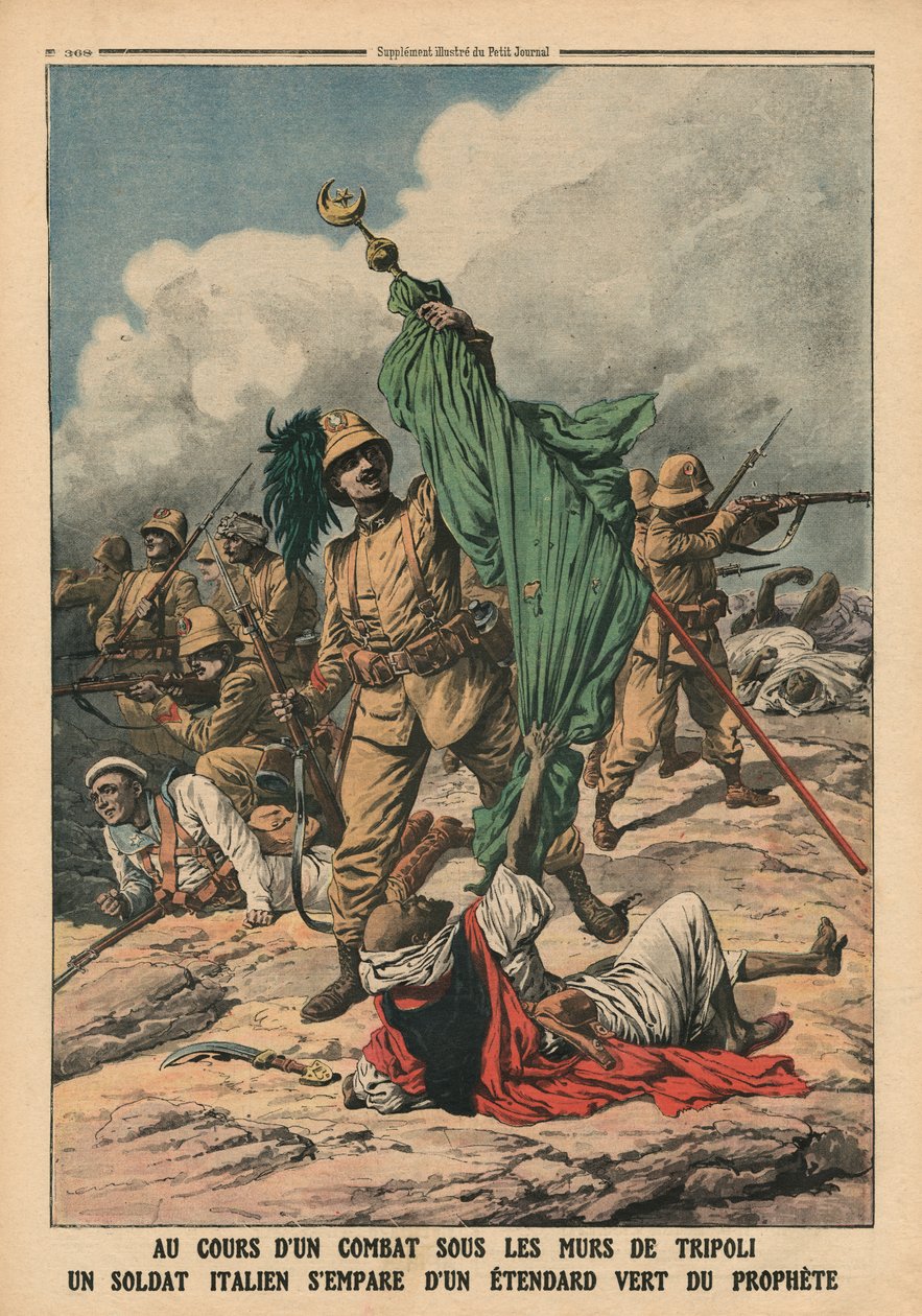 Italialainen sotilas tarttui Profeetta Muhammedin vihreään standardiin, kuva Le Petit Journalista, liitekuva, 12. marraskuuta 1911 tekijältä French School