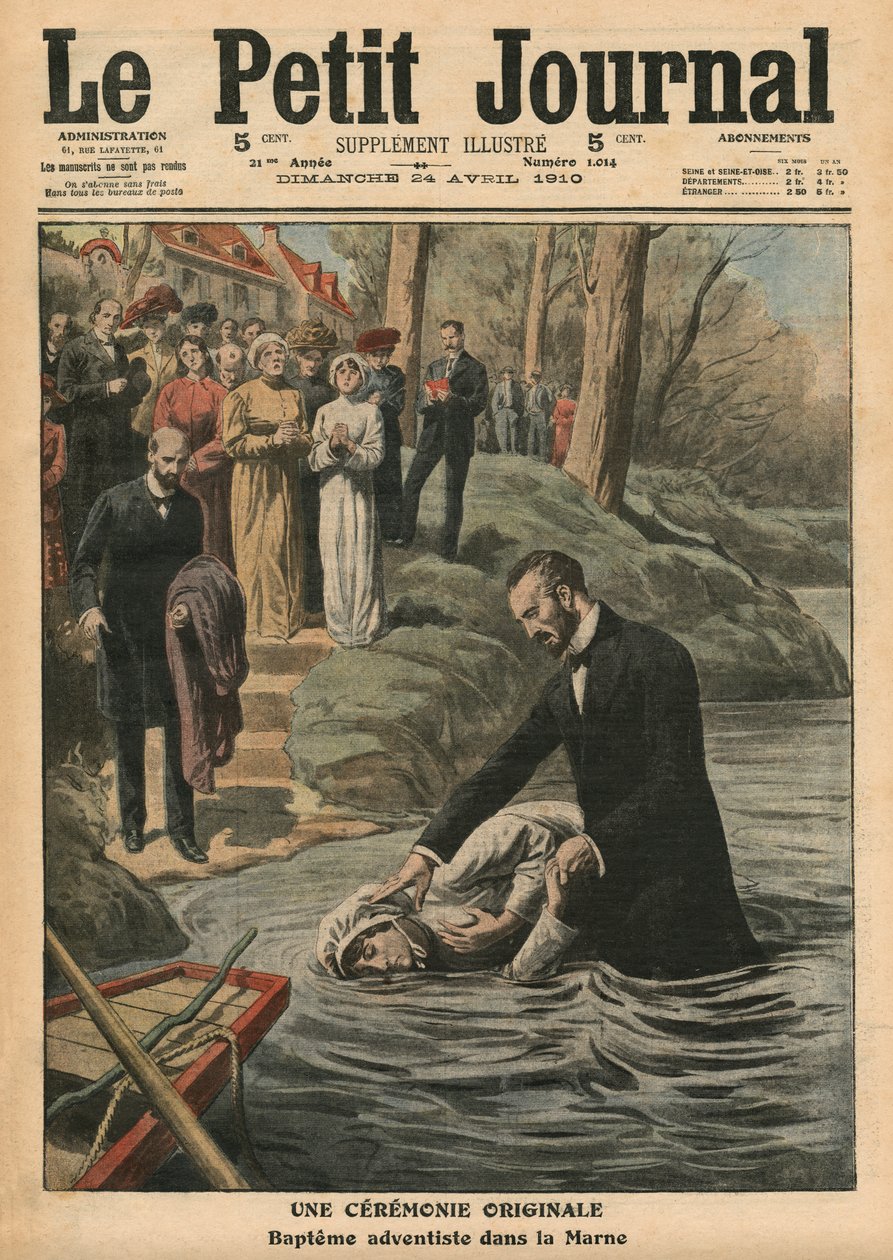 Epätavallinen seremonia, adventistikaste La Marnessa, kuvitus "Le Petit Journalista", liite illustre, 24. huhtikuuta 1910 tekijältä French School