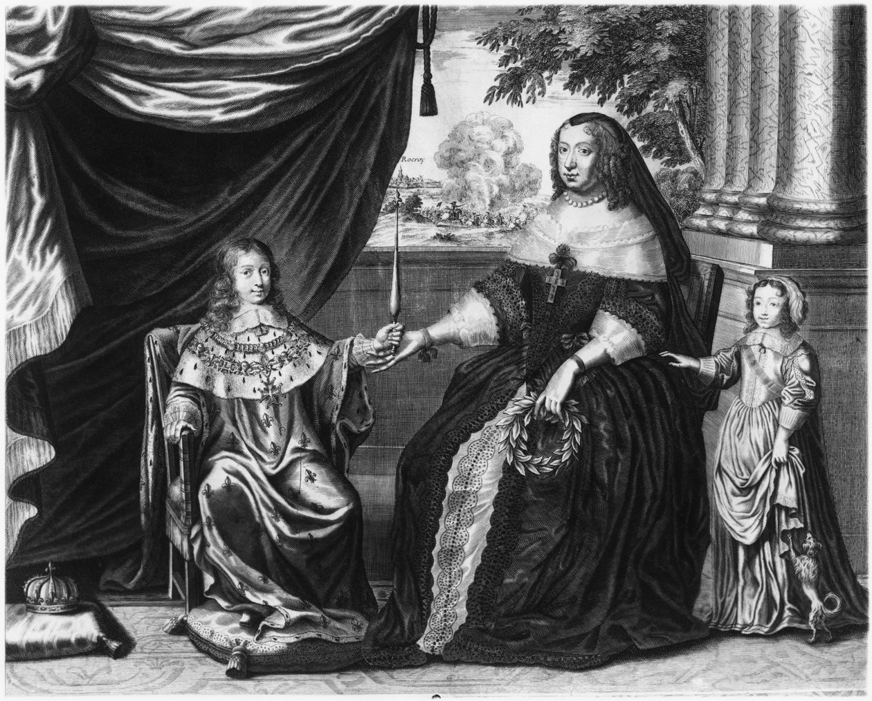 Anna Itävallasta, Ranskan ja Navarran kuningatar, ja hänen poikansa, Dauphin Louis Ranskasta, tuleva Louis XIV ja Philippe I, Orléansin herttua, 1643 tekijältä French School