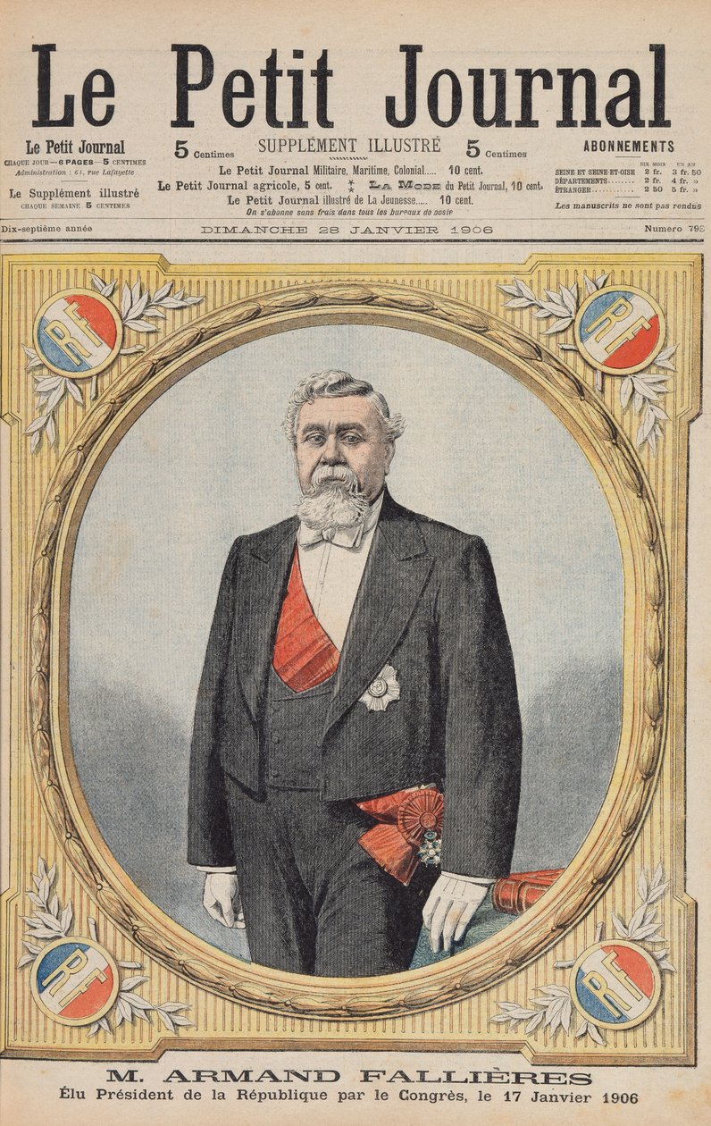 Armand Fallieres (1841-1931) valittiin tasavallan presidentiksi (1906-13) kongressin toimesta 17. tammikuuta 1906, esimerkki Le Petit Journalista, 28. tammikuuta 1906 tekijältä French School