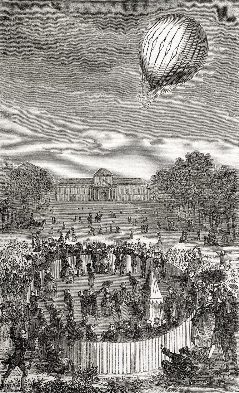 Charlesin ilmapallon nousu Champs de Marsin yli, Fulgence Marionin teoksesta Wonderful Balloon Ascents or the Conquest of the Skies, julkaistu n. 1870 tekijältä French School