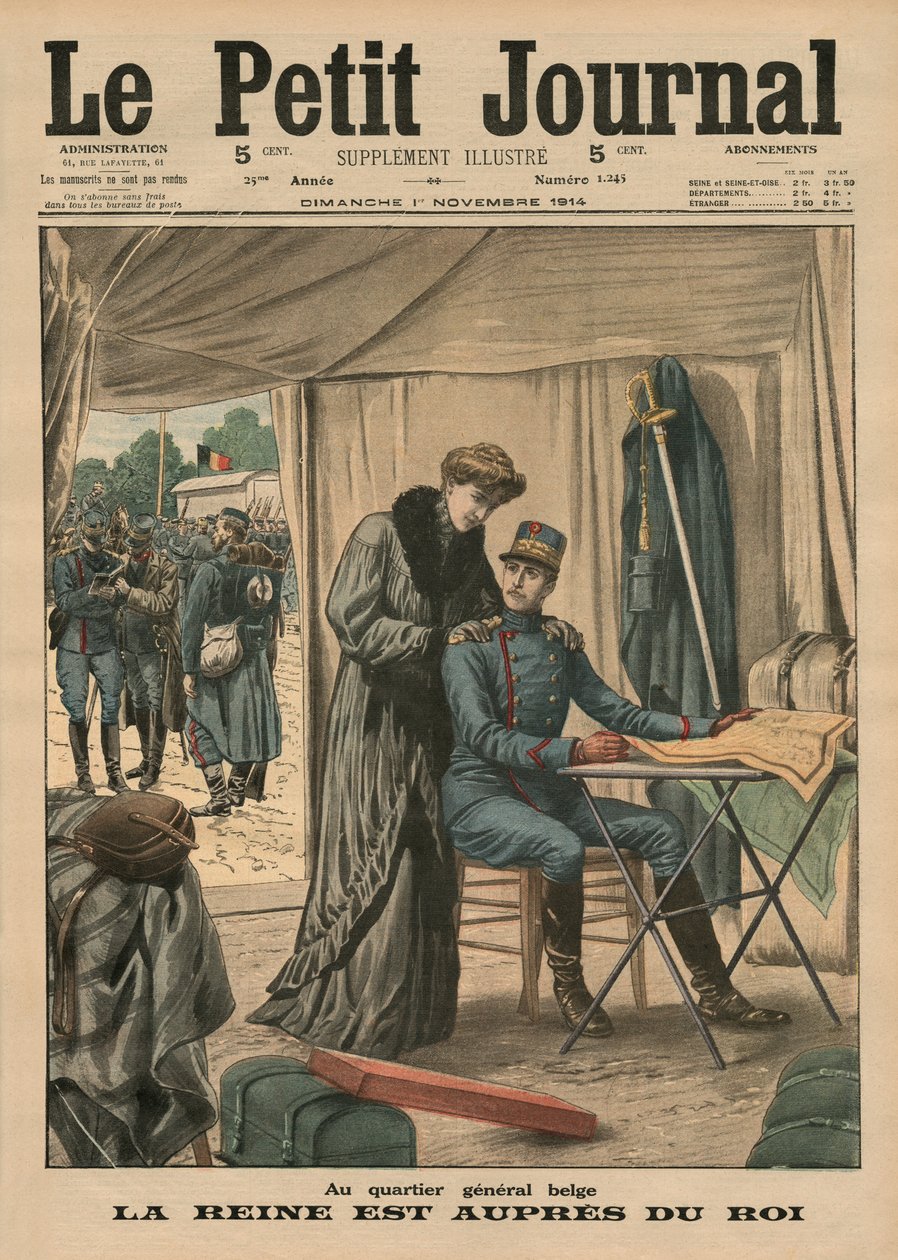 Belgian päämajassa kuningatar pysyy kuninkaan luona, etukannen kuvitus "Le Petit Journalista", liitekuva, 1. marraskuuta 1914 tekijältä French School