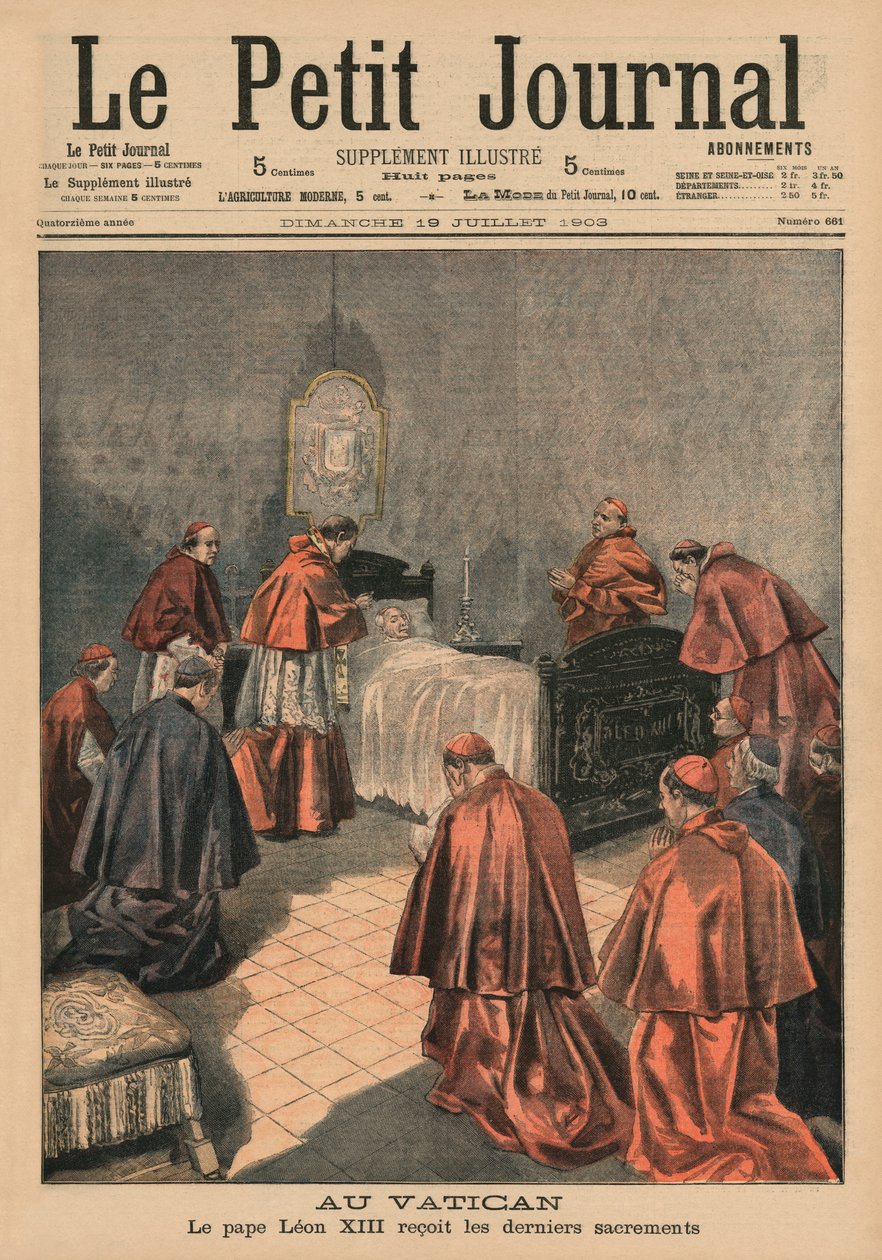 Vatikaanissa paavi Leo XIII vastaanottamassa viimeisiä rituaaleja, etukannen kuva Le Petit Journalista, liitekuva, 19. heinäkuuta 1903 tekijältä French School