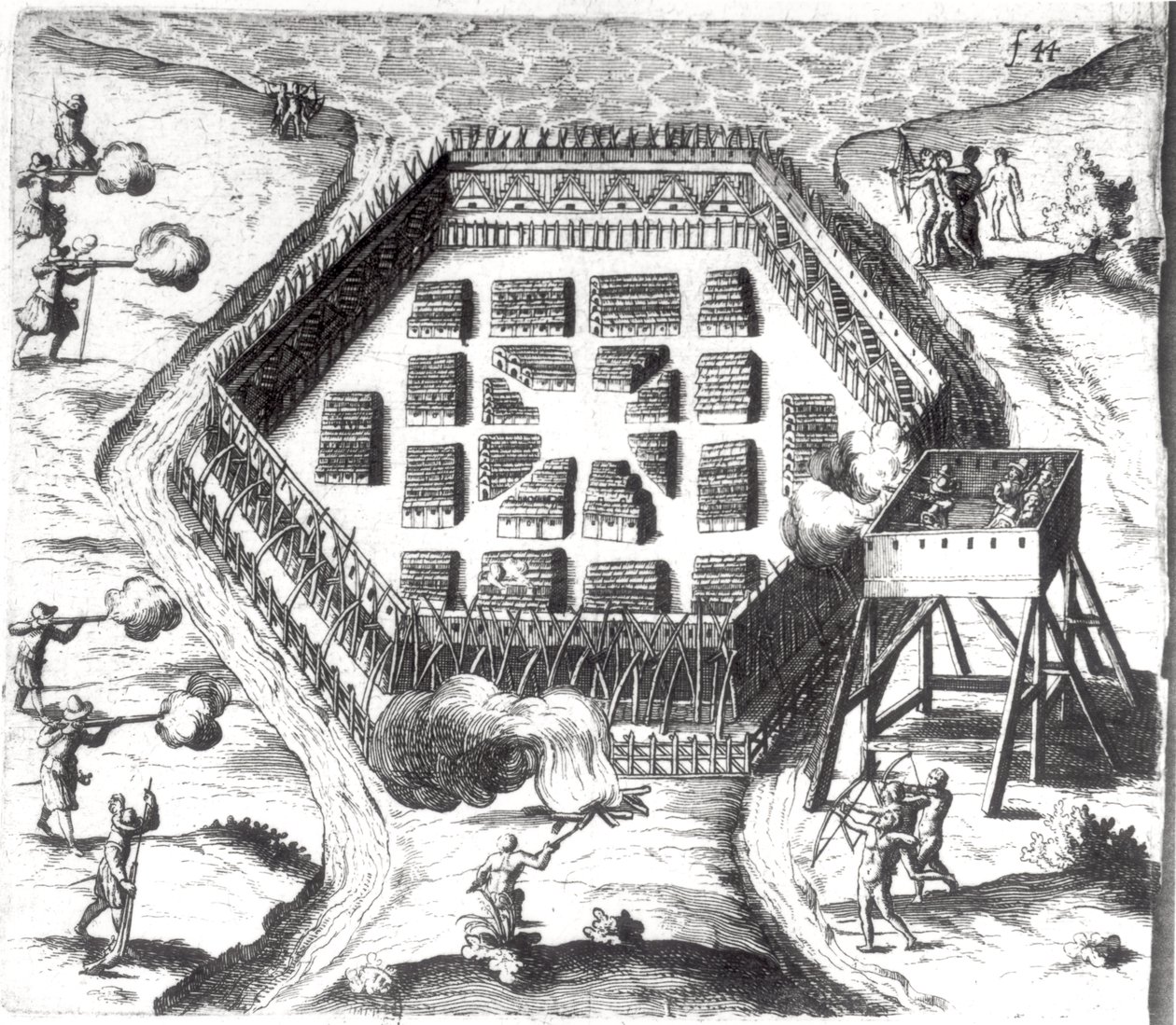 Samuel de Champlainin (1567-1635) "Voyages de la France Occidentalen, dite Canada" hyökkäys irokeesikylään tekijältä French School