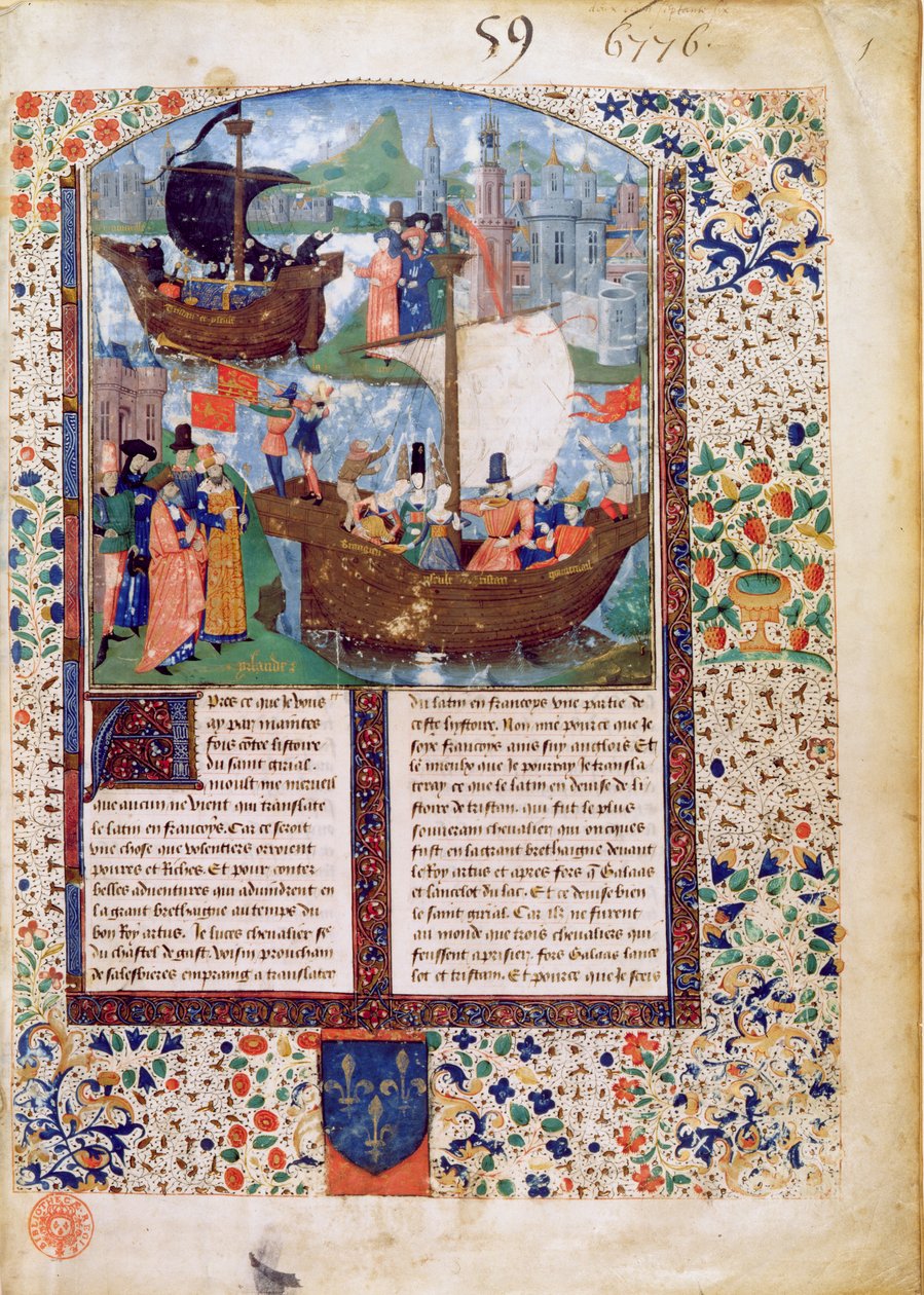 B.N.Ms. Fr 103 f.1 Tristan ja Iseult lähtevät Irlannista; Tristan juo juoman; Tristanin ja Iseultin ruumiit tuodaan kotiin Irlantiin Luce de Gastin kääntämänä tekijältä French School