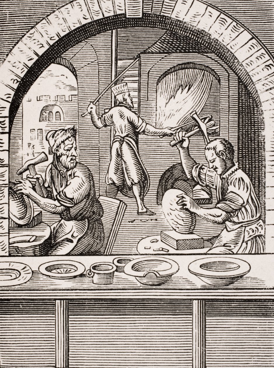 Basin Maker, jäljennös Jost Ammanin (1539-91) puupiirroksesta Paul Lacroixin (1806-84) teoksesta "Le Moyen Age et La Renaissance", julkaistu 1847 tekijältä French School