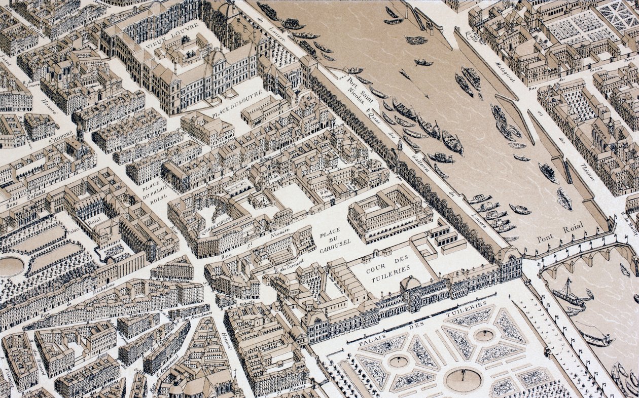 Lintuperspektiivistä Pariisista vuosina 1730, 1875 tekijältä French School