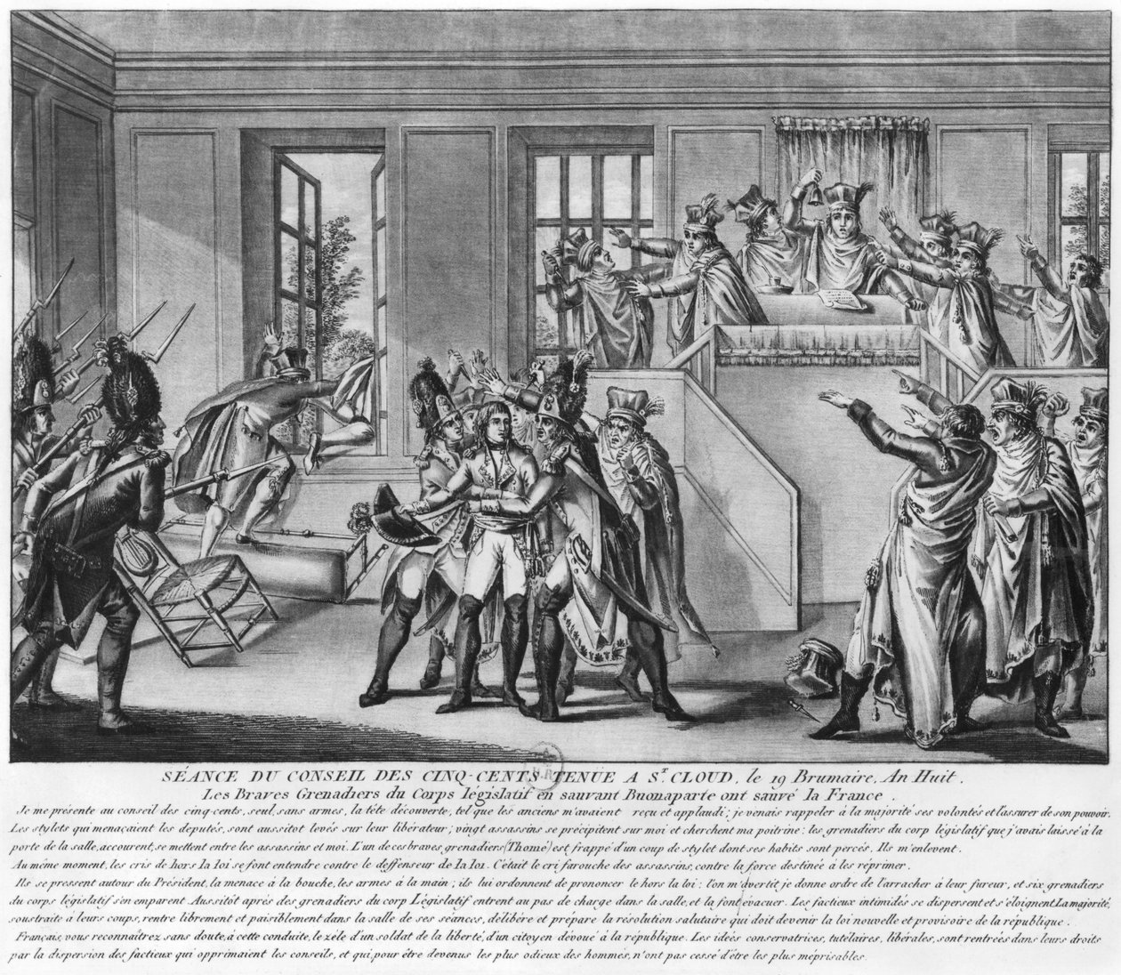 Bonapartea (1769-1821) suojeli kaksi kranaatteria istunnon aikana St.Cloudissa, 19 brumaire an 8 (10. marraskuuta 1799), n. 1800 tekijältä French School
