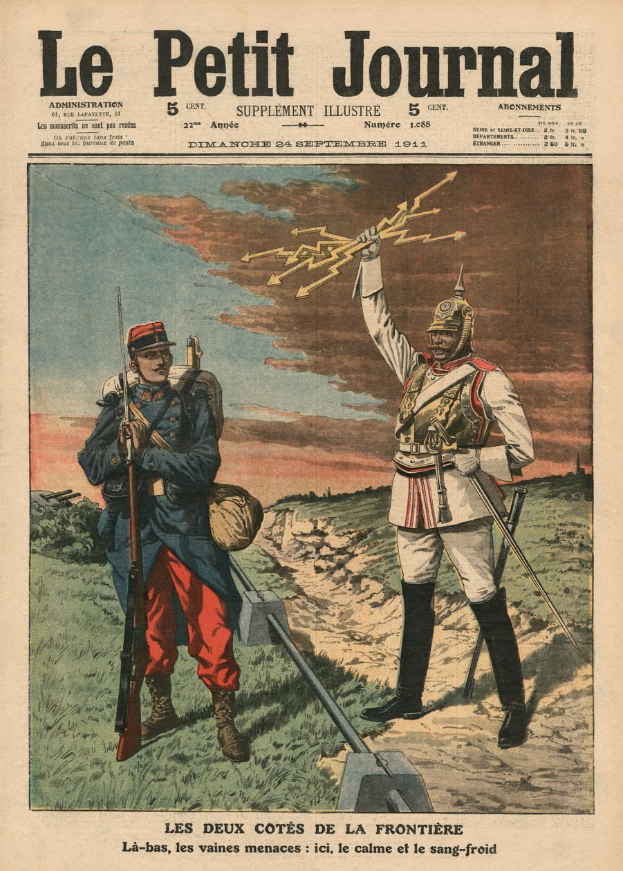 Reunan molemmin puolin, etukannen kuvitus Le Petit Journalista, liitekuva, 24. syyskuuta 1911 tekijältä French School