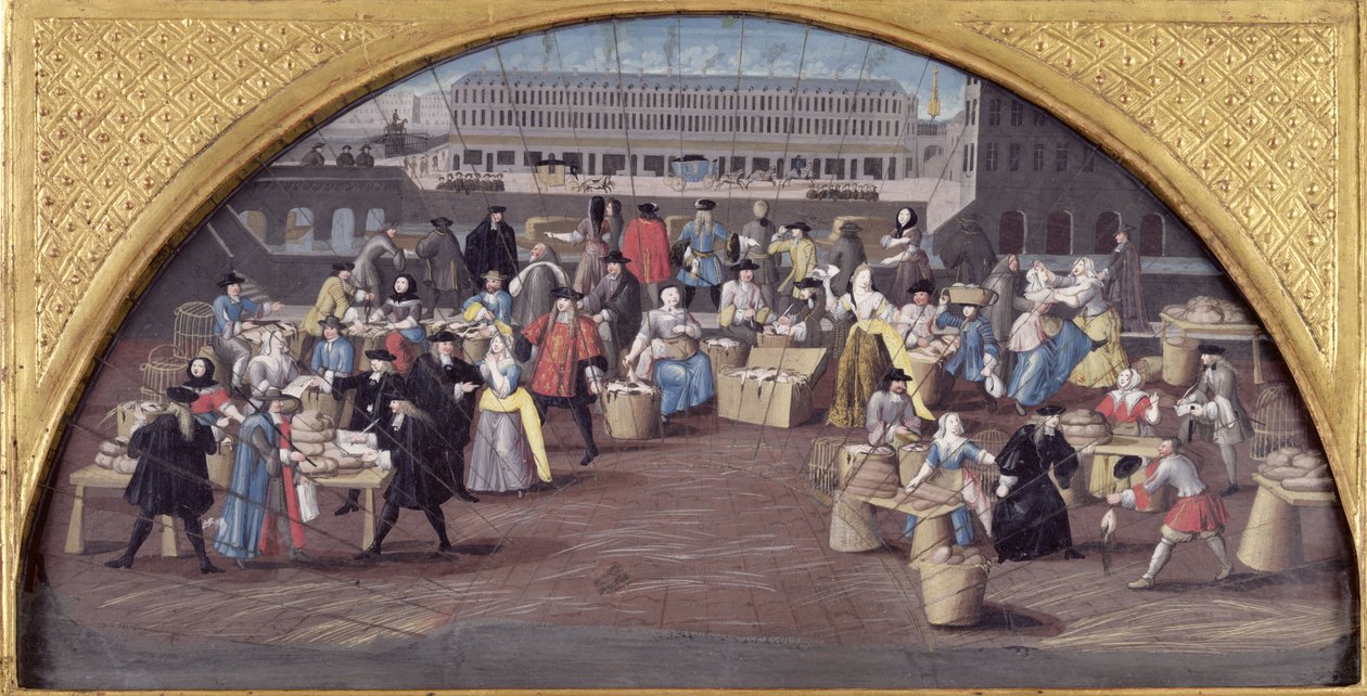 Leipä- ja siipikarjatori Quai des Grands Augustinsissa, suunnittelu tuulettimelle, n. 1670 tekijältä French School