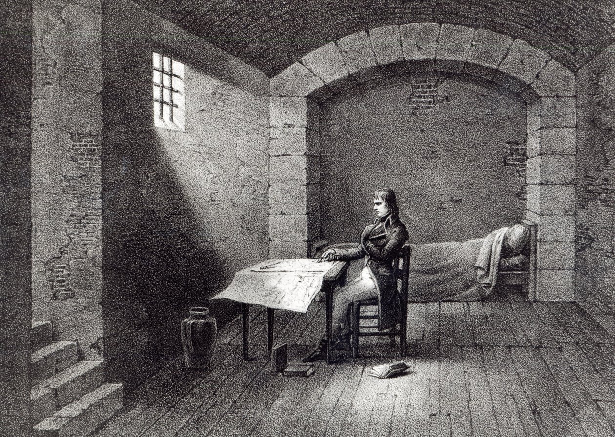 Prikaatikenraali Bonaparte vankilassa Fort Carressa Nizzassa, kaiverrus Jean-Baptiste Jobard (1792-1861) tekijältä French School
