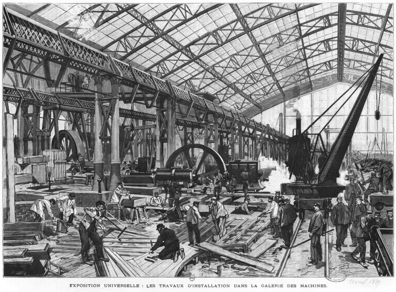 Galerie des Machinesin rakennustyömaa vuoden 1889 yleisnäyttelyssä Pariisissa huhtikuussa 1889 tekijältä French School
