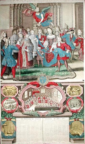 Vuoden 1716 kalenteri, joka kuvaa Ludvig XV:tä (1710-74) parlamenttineen, 12. syyskuuta 1715, 1716 tekijältä French School