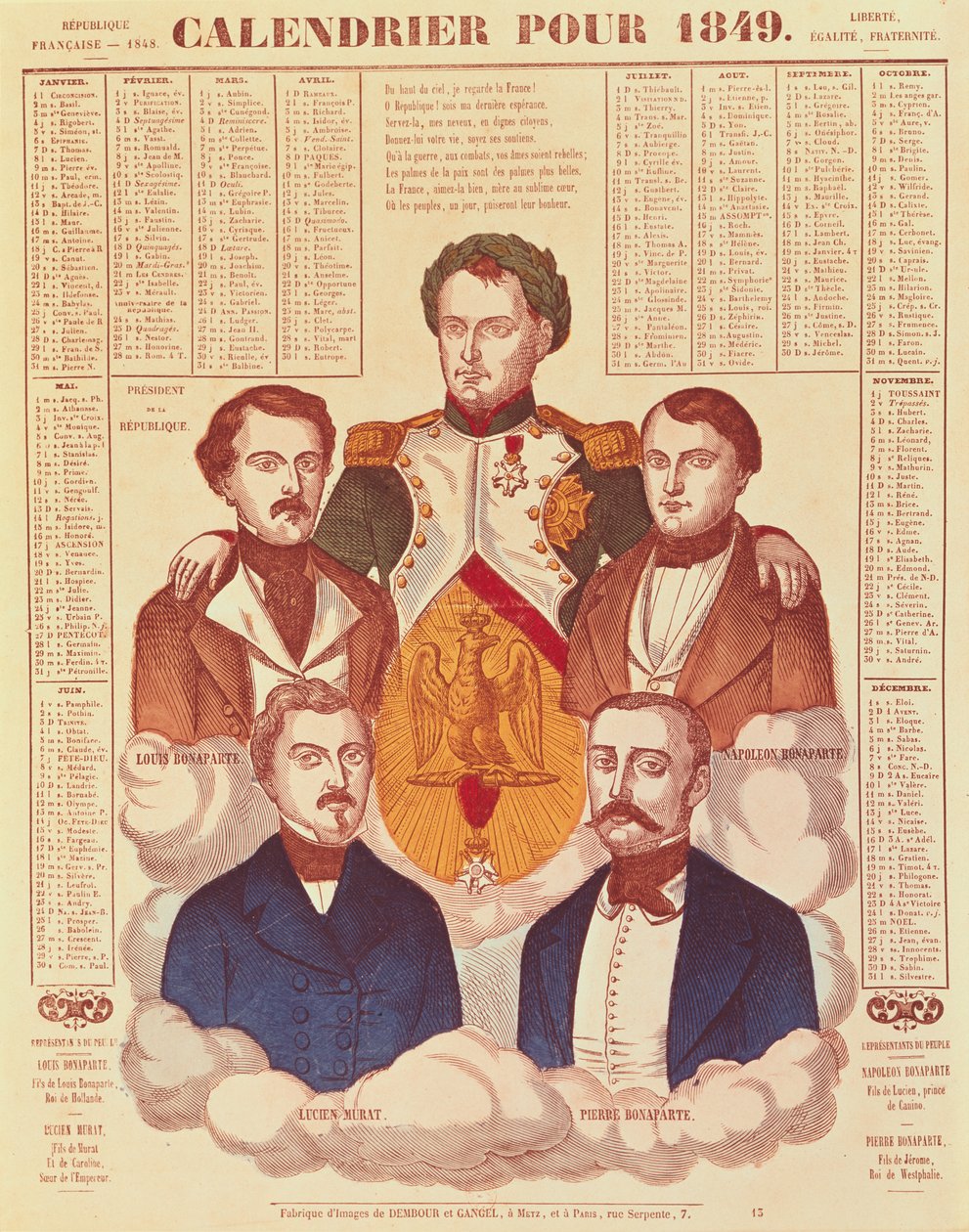 Vuoden 1849 kalenteri, joka kuvaa Bonaparten perhettä, 1849 tekijältä French School