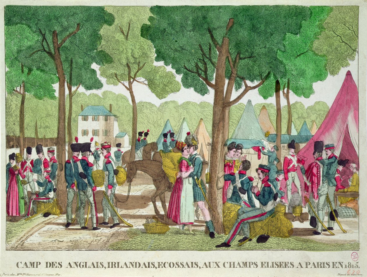 Englantilaisten, irlantilaisten ja skotlantilaisten sotilaiden leiri Champs-Elyseesillä vuonna 1815 tekijältä French School