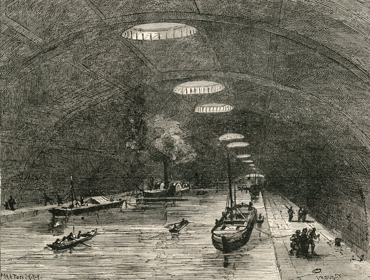 Canal Saint Martin, Pariisi, kulkee kaupungin itäosan alitse, pastori Samuel G. Greenin "French Pictures" -teoksesta, julkaistu 1878. tekijältä French School