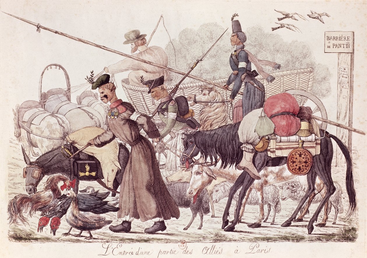 Karikatyyri, joka kuvaa osan liittoutuneiden joukkojen saapumista Pariisiin, 1814 (värillinen etsaus) tekijältä French School