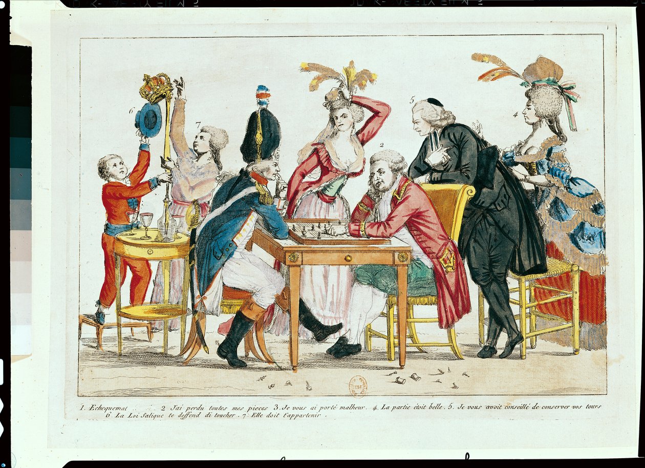Karikatyyri Ludvig XVI:sta (1754-93) pelaamassa shakkia kansalliskaartin sotilaan kanssa. tekijältä French School