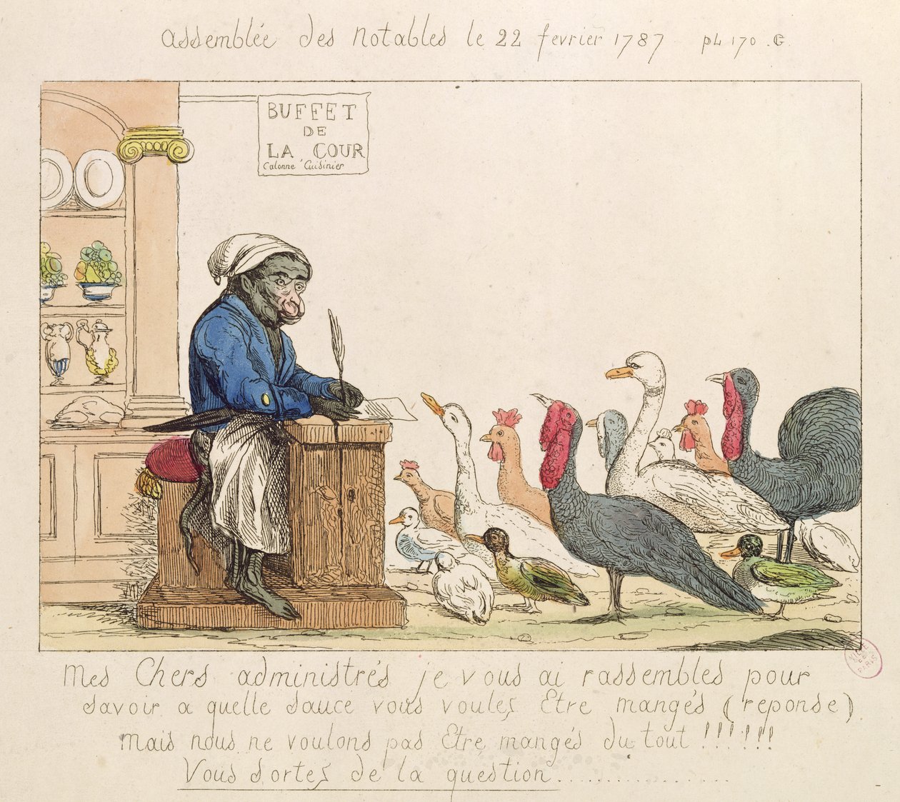 Karikatyyri Assembly of Notables, 22. helmikuuta 1787 (värillinen etsaus) tekijältä French School