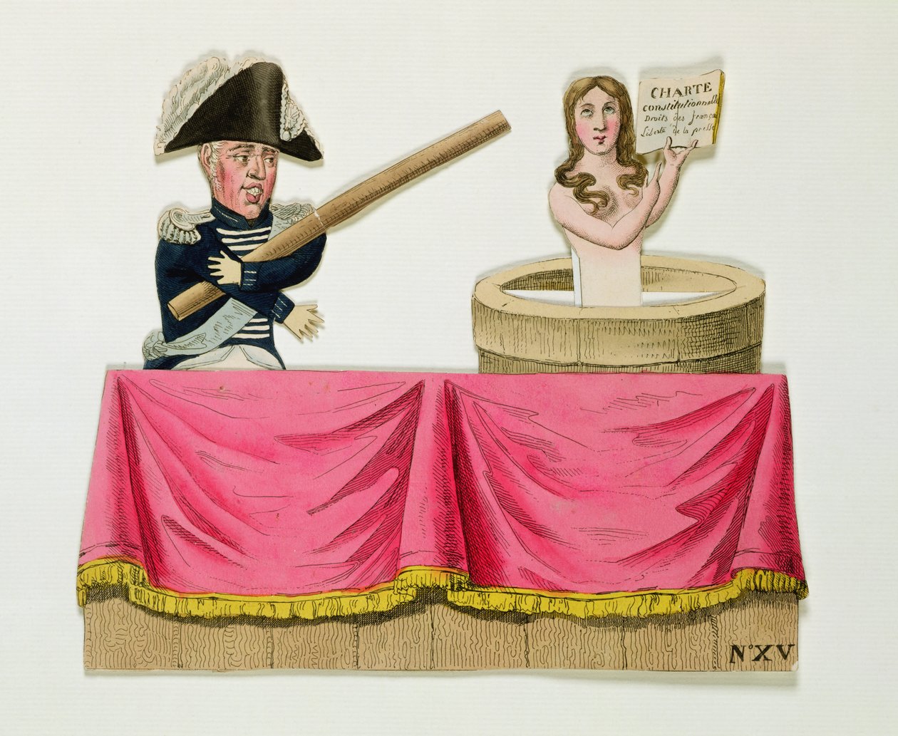Karikatyyri 26. heinäkuuta 1830 annetusta perustuslaillisesta peruskirjasta, noin 1830 (värillinen kaiverrus kortilla). tekijältä French School