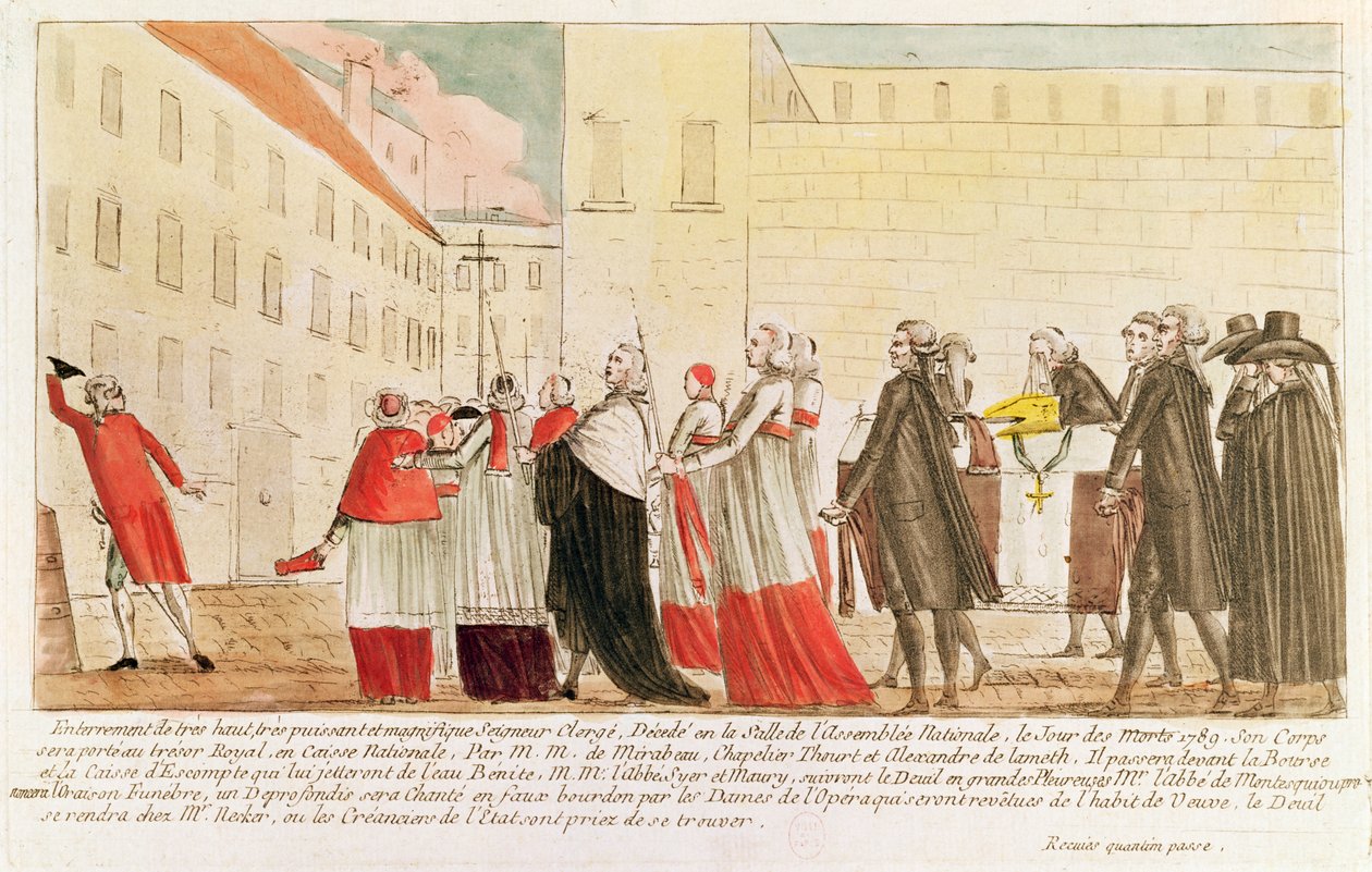 Karikatyyri papiston hautaamisesta kirkon omaisuuden kansallistamisen jälkeen, 1789 (kynä ja muste ja wc paperilla) tekijältä French School