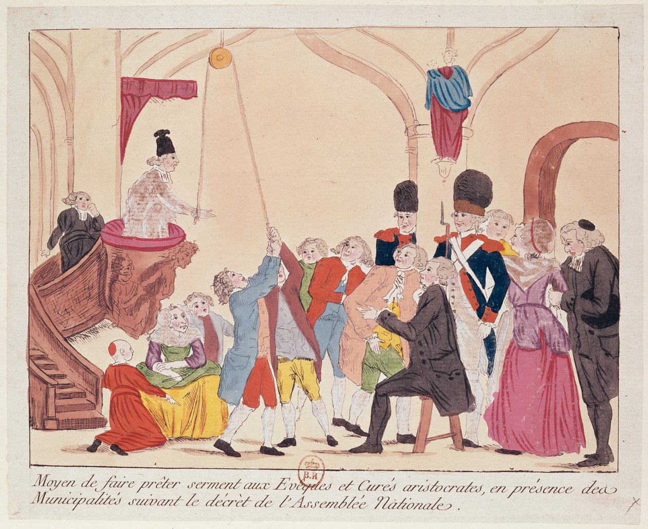 Karikatyyri tavasta saada aristokraattiset piispat ja papit vannomaan kirkon perustuslakia 1700-luvun lopulla (kynä ja muste ja wc paperilla) tekijältä French School
