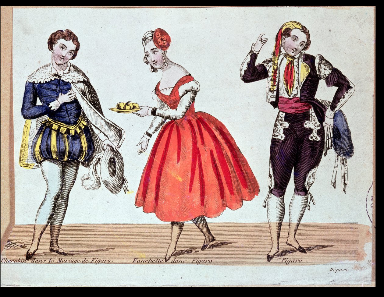 Cherubino, Fanchette ja Figaro, kohtaus Pierre Augustin Caron de Beaumarchaisin (1732-99) teoksesta "Figaron häät" 1784 tekijältä French School