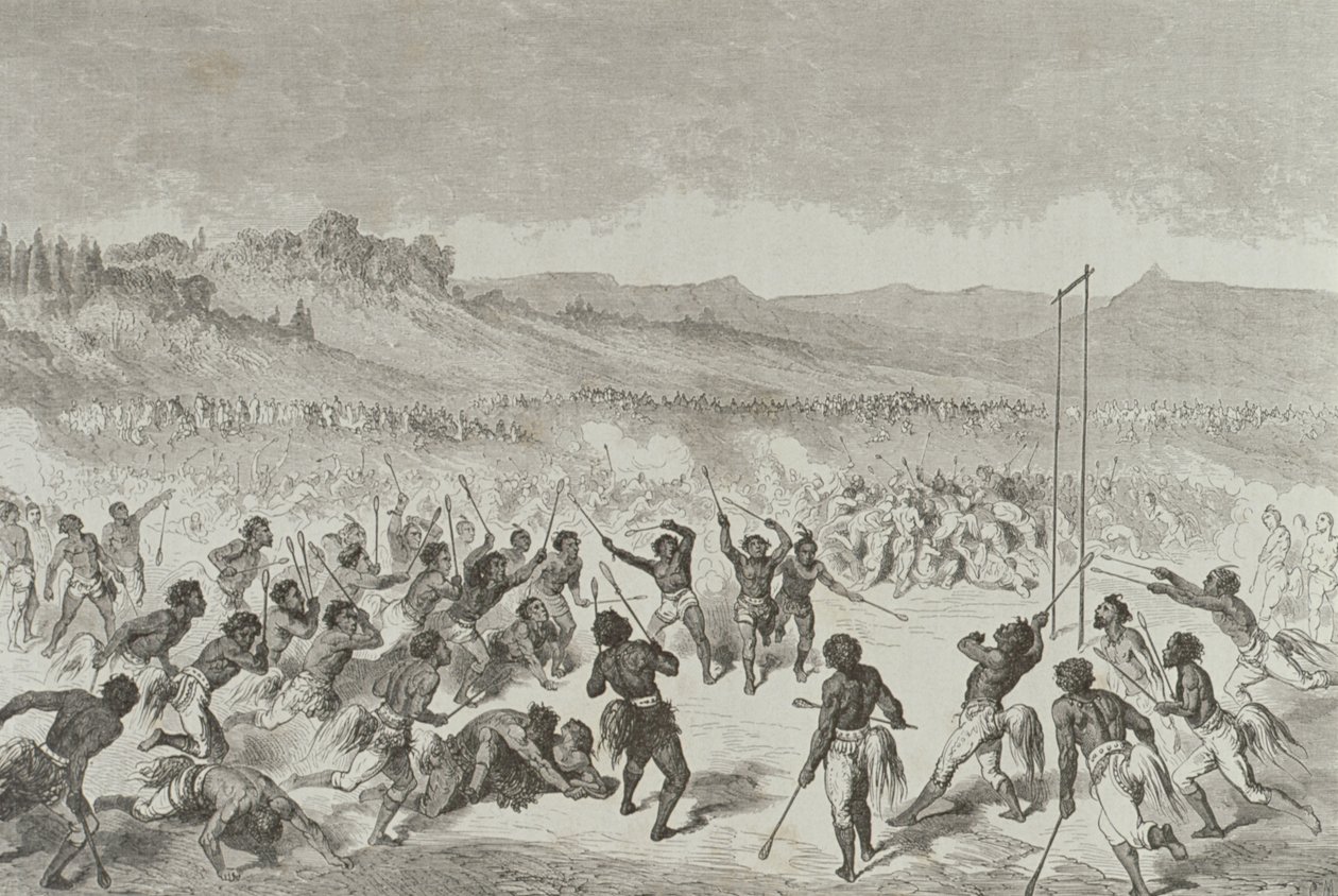 Choctaw-intiaanit pelaamassa palloa 1850-luvulla, Pariisissa 1860-luvulla julkaistusta Le Tour du Mondesta tekijältä French School