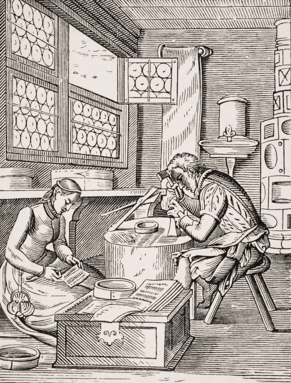 Clasp Maker, jäljennös Jost Ammanin (1539-91) puupiirroksesta Paul Lacroixin (1806-84) teoksesta "Le Moyen Age et La Renaissance", julkaistu 1847 tekijältä French School
