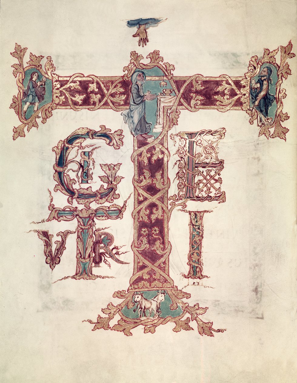 Col Lat 9428 f.15v Alkukirjain "T"; Kristuksen taivaaseenastuminen, "Drogo Sacramentary", karolingiaikainen. tekijältä French School