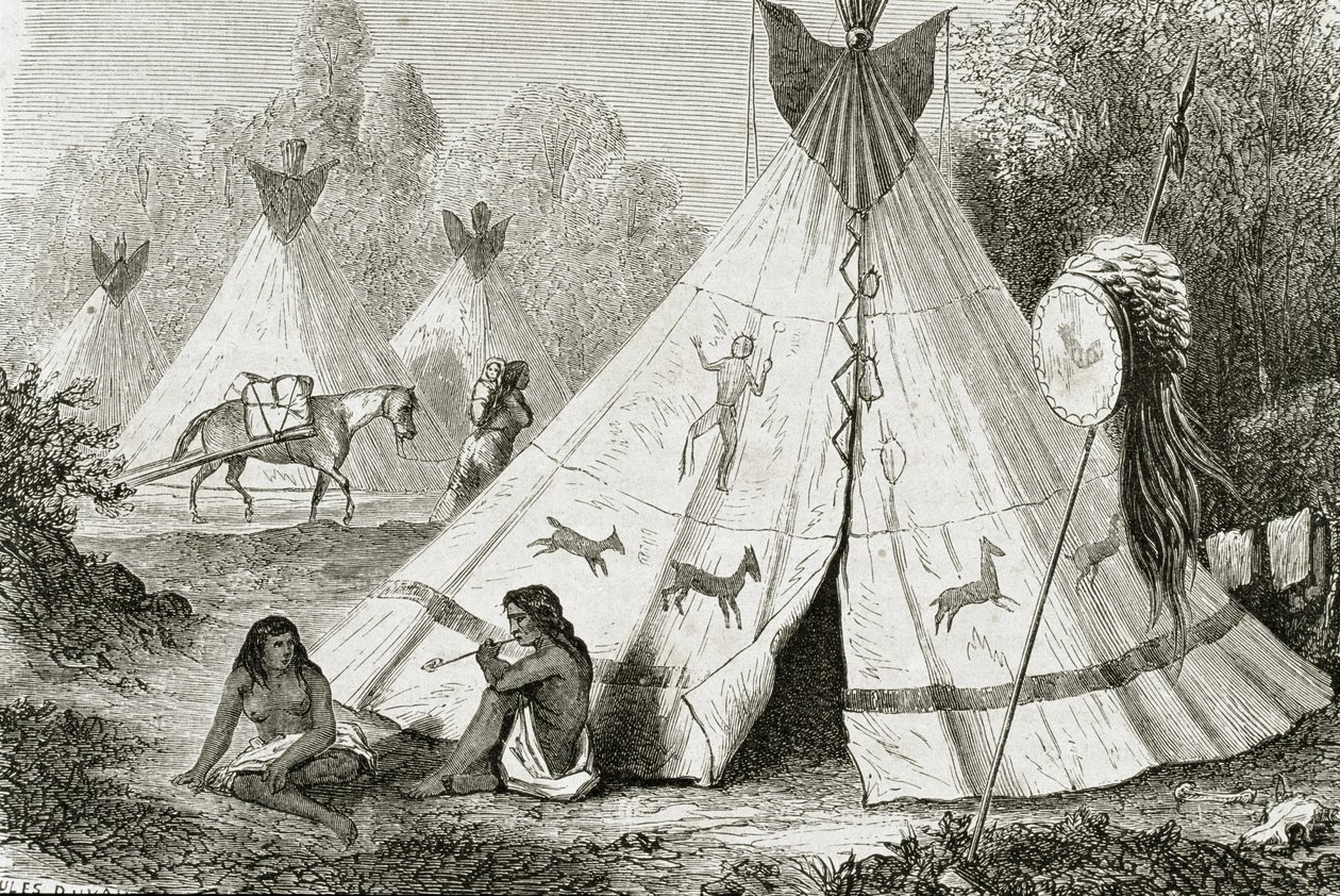 Comanchen intiaanileiri 1850-luvulla, Le Tour du Mondesta, julkaistu Pariisissa, 1860-luku tekijältä French School