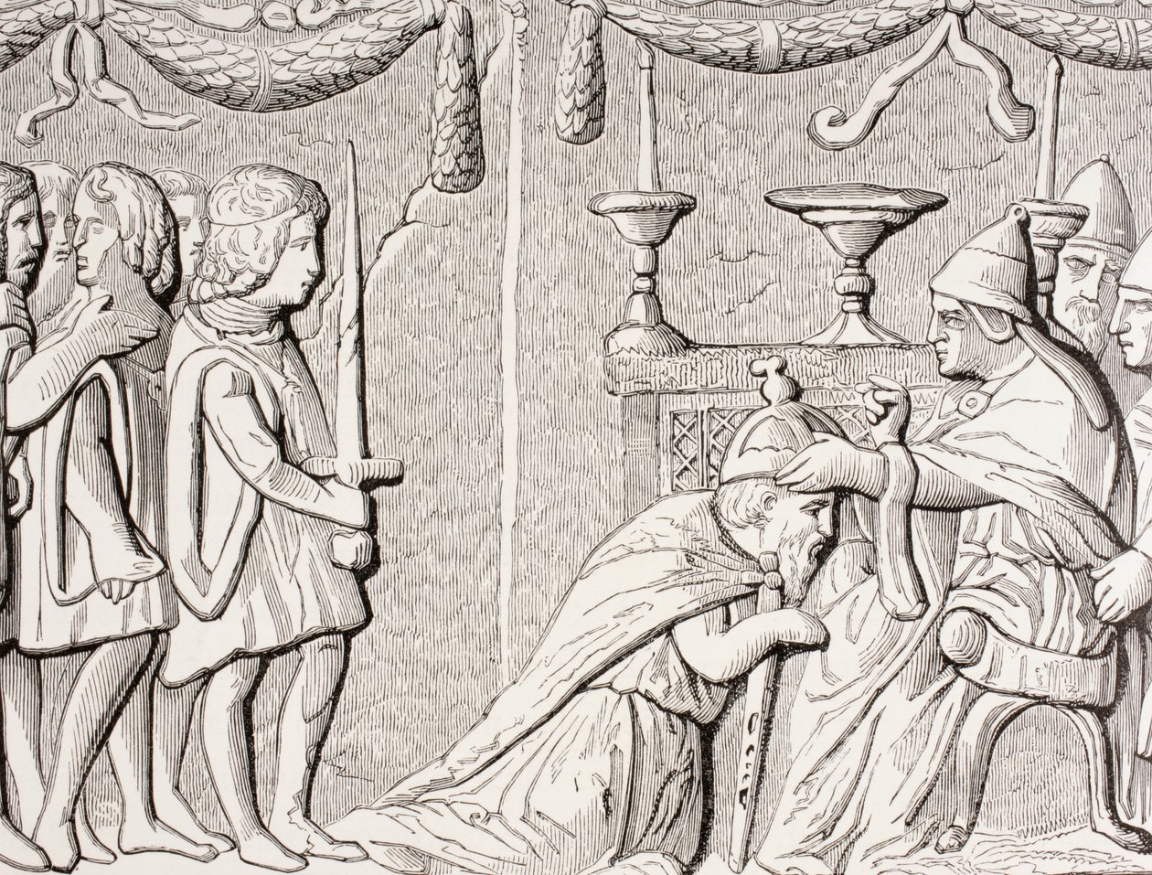 Keisari Sigismondin kruunaus paavi Eugenius IV:n toimesta vuonna 1433, Rooman Pyhän Pietarin ovelle tehdyn bareljeefin jälkeen Les Arts au Moyen Age -teoksesta, julkaistu 1873 tekijältä French School
