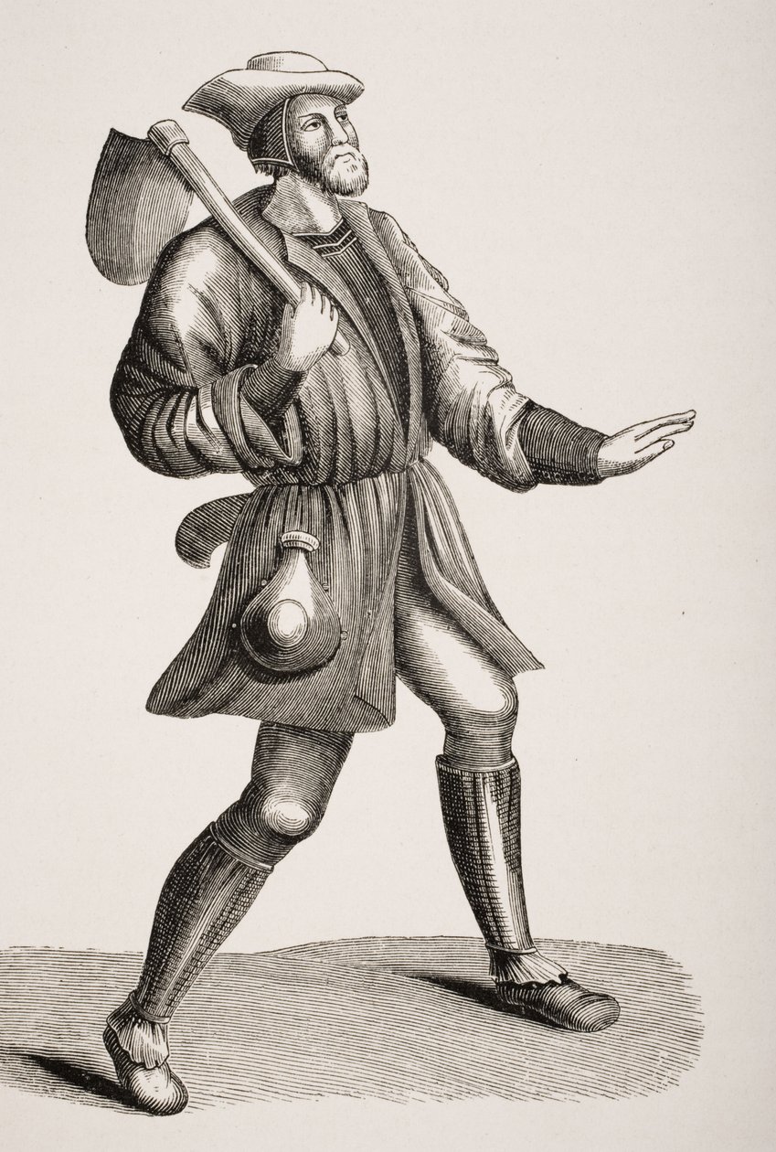 Talonpojan puku 1400-luvun pienoismallin jälkeen Paul Lacroixin (1806-84) teoksesta "Le Moyen Age et La Renaissance", julkaistu 1847 tekijältä French School